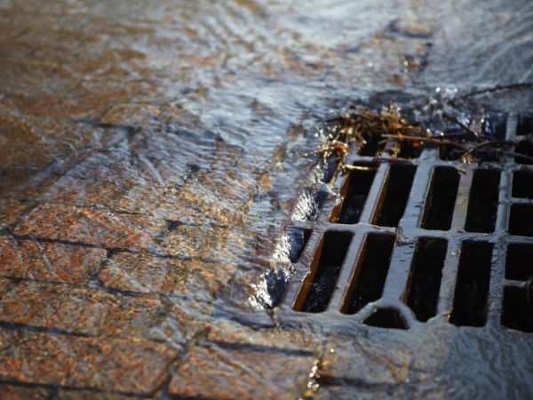 Abwasser läuft in einen vergitterterten Einlaufschacht für Strassenabwässer am Rand einer gepflasterten Straße.